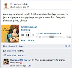 [JJ@林俊傑 3個小時前更新個人facebook!] 小編翻譯: 不同凡想的嗓音和情感! 我還記得我們一起即興演奏和準備演出的日子，純粹的音樂樂趣！恭喜Shimona，為你感到驕傲！Shimona 回復 JJ: 嗨 JJ! 多麼美好的驚喜! 謝謝你分享我的音樂!小編點評: @林俊傑 謝謝分享! Shimona 的歌真的不錯聽!!@林俊杰 又开始晚睡了