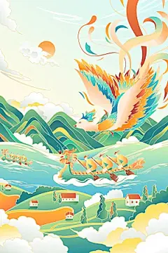 国潮风端午节凤凰插画海报
