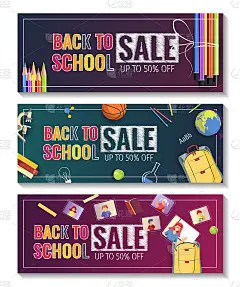 带着学校用品的促销横幅回到学校。教育，电子学习，儿童班，文具店的概念。