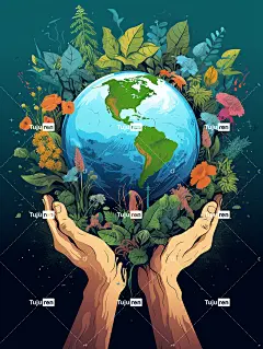 世界地球日海报设计，单手握住地球，插图，创意，森林，树木