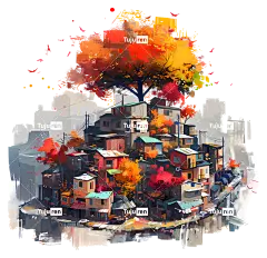 树根-宁静水域旁的色彩缤纷小镇，自然交织