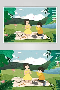 家庭野餐踏青立春插画素材海报
