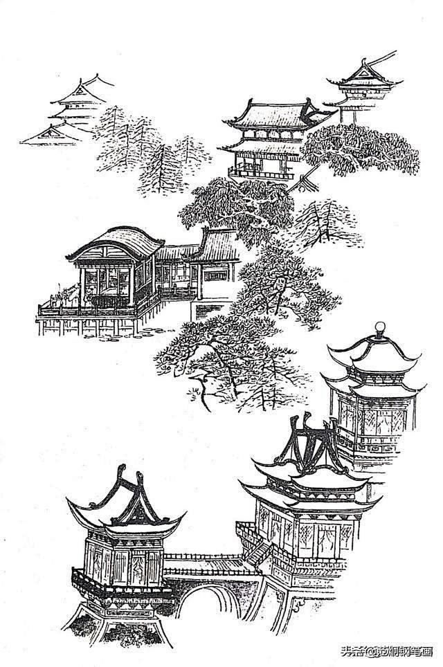 国画中房、山石、人物、树、水等不同物体的...