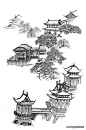 国画中房、山石、人物、树、水等不同物体的画法线稿，一一俱全