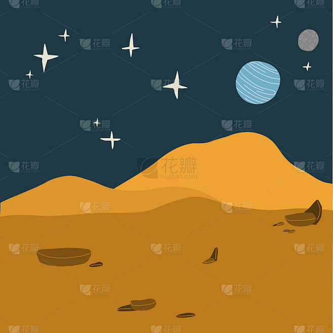 红色星球的风景。火星矢量卡通幻想插图刨床表面与岩石，其他行星在天空和星星。