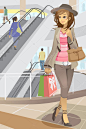 一个年轻的现代女性，在一家购物中心购物矢量插画