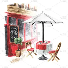 夏日街头咖啡馆。水彩手绘插图，孤立的白色背景