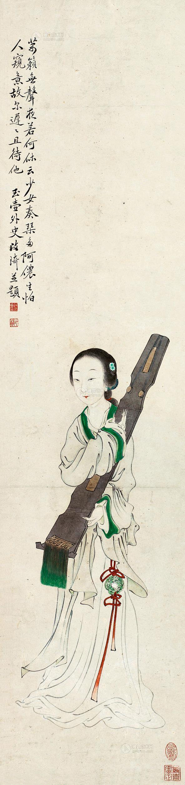 改琦——《抱琴仕女》【万籁无声夜若何，休云少女奏琴多。阿侬生怕人窥意，故尔迟迟且待他】仕女人物 立轴欣赏 | 清|改琦(1773-1828)字 ...