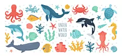 卡通动物矢量 | 图源免费EPS文件 |一组手绘的海洋生物。野生海洋动物、贝壳、鱼、海藻和珊瑚。鲸鱼、章鱼、螃蟹、海马、海豚、虎鲸、海龟、鱿鱼、抹香鲸。矢量可爱卡通插图。