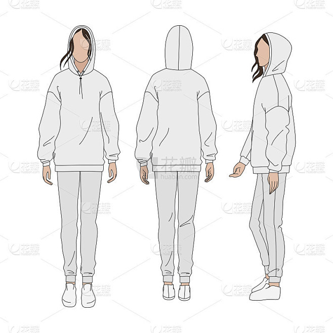 向量运动服，裤子和帽衫。妇女素描技术制图...