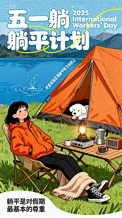 插画风格海报，画面平涂叠加噪点纹理，高饱和度颜色，精致的画面，大师杰作，高级，画风可爱，极简，获奖作品。主视觉描述：身穿橘色冲锋衣和黑色裤子的女生躺帆布折叠椅，毛毯滑落露出帆布鞋尖，脚下是绿色的草地，身后是服装同色帐篷，帐篷拉链处探出白色小狗脑袋，旁边是湛蓝的湖面，溅起涟漪。折叠桌上的煤油灯照亮卡式炉，折叠桌上散落咖啡杯，摩卡壶，烧水壶，mini音响，扁平风远山轮廓隐现文字排版：中上部分靠左对齐标题：“五一躺平计划”，白色卡通圆角飘逸粗体。“五一”后面紧跟&quot;2025”、&quot;Interna