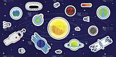 设置卡通补丁，贴纸和徽章。空间的行星。对象