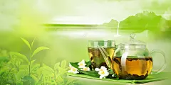绿色清新远山茶叶花茶玻璃茶具海报背景高清素材 远山 设计图片 免费下载 页面网页 平面电商 创意素材