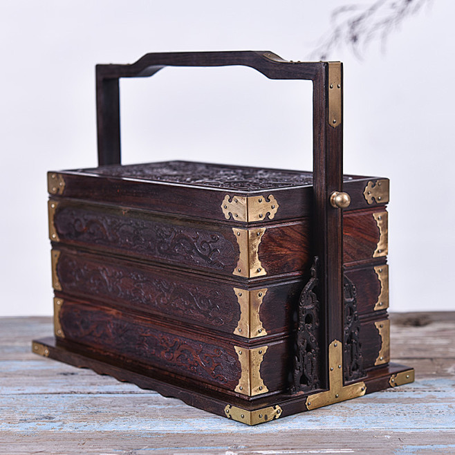 红木酸枝提盒中式木质古代食盒复古风仿古三...