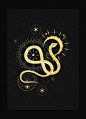 Sacred Snake art print in gold foil and black paper with stars and moon by Cocorrina