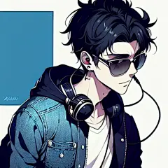 男孩，戴着耳机，穿着牛仔衣，戴着墨镜