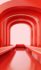 3d image of a red curved road leading into a room, in the style of rendered in cinema4d, commercial imagery, valentine hugo, orange and gold, advertisement inspired, playful use of line, traincore
