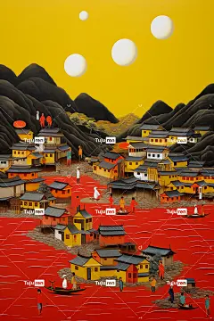 中国乡村风光，蓝、黄、白