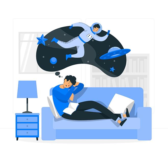 点击图片下载源文件 扁平化 插画 插图 睡眠 睡觉 做梦 梦 幻想 人物 场景