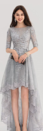 A-Line/Princess Scoop Neck Asymmetrical Tulle Lace Prom Dresses