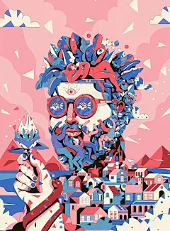 创意与色彩并存的插画设计长啥样 | 设计大咖作品赏析01 : 运用几何图形和线条勾勒出各式各样的造型，加上夸张丰富的色彩搭配