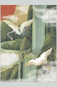 古典优雅仙鹤山水仙鹤手绘