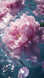 Pink subshrubby peony flower and crystals floating in the water, slightly smaller flowers, petals soft, soft visual effects, diamond-like glitter, tiny drops of water, mottled shadows, shining water reflections, very dreamy, perfect phone wallpaper