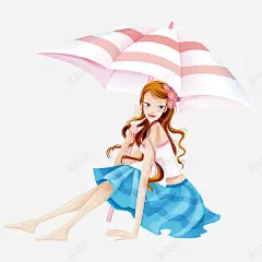 手绘沙滩打伞的性感美女 页面网页 平面电商 创意素材