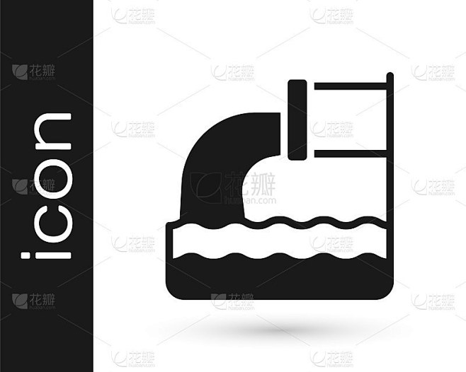 黑色废水图标孤立在白色背景。污水管。从管子里流出的液体流入河里。向量