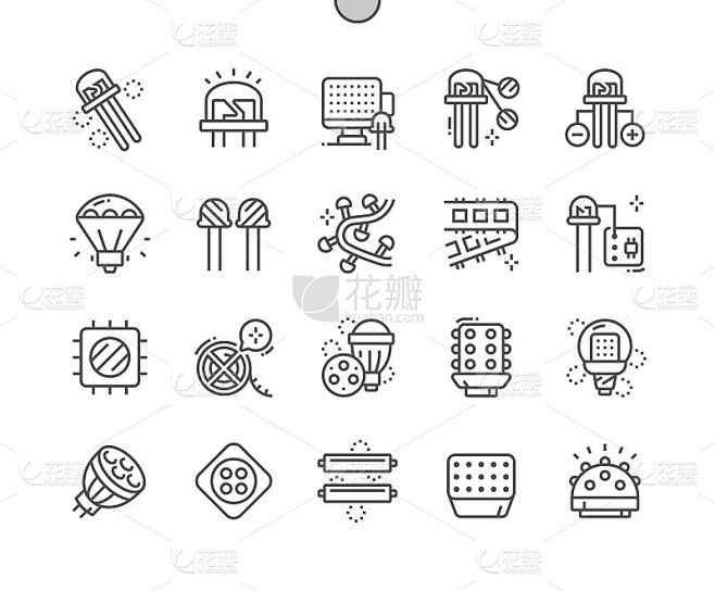 发光二极管。Led灯。Led灯饰。阳极和阴极。Led灯。像素完美矢量细线图标。简单的最小的象形图