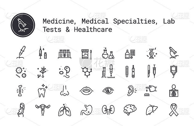 医学、医学专科、临床检验科、人体、器官线性图标集。矢量插图剪贴画集合孤立在白色背景上。