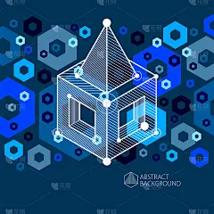 抽象矢量几何三维元素在未来风格蓝黑色模板组成。技术方案可以用于网页设计，也可以作为壁纸或背景。