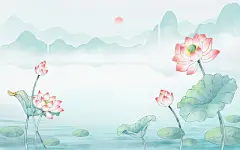 古风荷花插画手绘植物山水背景写意风景插画荷塘荷叶夏天
