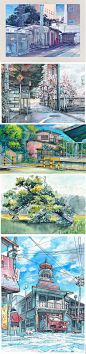 118钢笔淡彩水彩建筑图集作品素材手绘漫画插画临摹森系日韩街角-淘宝网