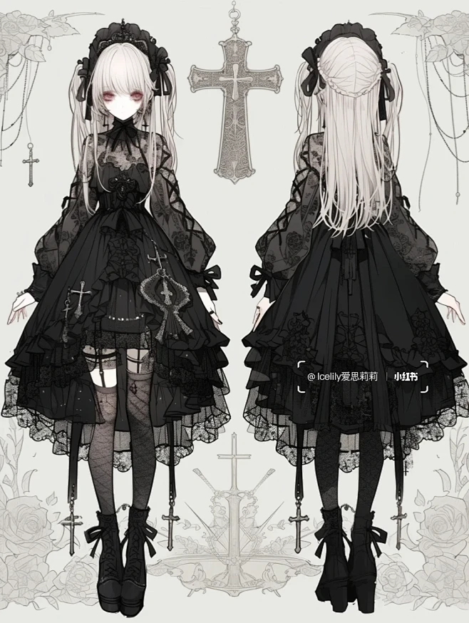 a dark, gothic-style Lolita fashion design with a mysterious and alluring atmosphere