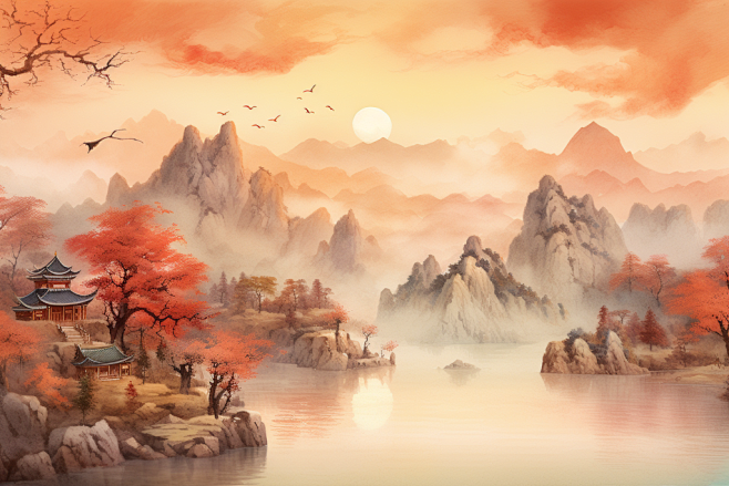 传统意境中式水墨风秋天秋季自然风景插画