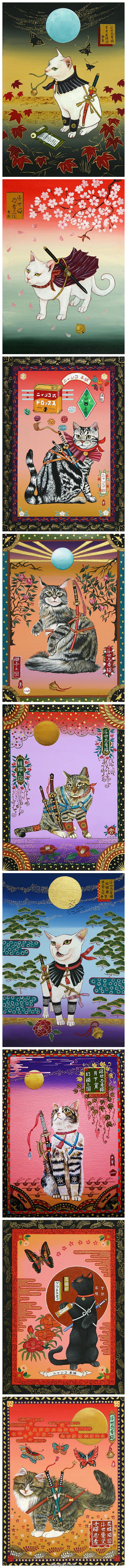 日本插画家田中秀治的浮世忍者猫。浮世绘，...