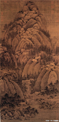 五代 巨然《秋山问道图》：165.2×77.2cm，藏于台北故宫。此画是一幅秋景山水画，主峰居中显示出五代宋初的典型构图法：上部一峰高耸云霄，中部两山合抱，山麓溪畔，曲径通幽，山中林间有茅屋数间，主客端坐于堂，点出“问道”的主题。巨然笔法师董源，早年着力刻划形象，晚年逐渐趋于淡泊，追慕自然。