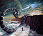 北欧神话——衔尾蛇约尔曼冈德（Jormungand），盘据世界的大蛇。火神洛基的三个孩子之一—如此巨大的魔法师，以致可以环围世界和把尾巴放进自己的嘴里。