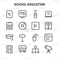 一组16学校教育概念矢量线图标。64x64细描图标，如在线课程，报告，储物柜，鼠标，统计，望远镜，层