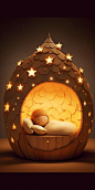 adorable child sleeping in a moon shape bed, stars lamp, creative illustration