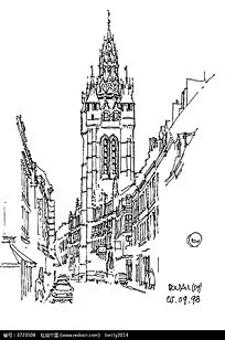 欧式建筑街景手绘线描图