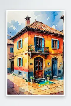 手绘油画老房子四合院儿童插画-众图网