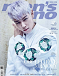 #BIGBANG TOP#登香港杂志封面，可爱的春日花美男！香港某时尚杂志公开了4月刊封面画报，TOP的银发搭配蓝色衬衫与西装帅气非常，还有幽默感地用嘴衔着果汁杯，展现可爱面貌。另外一张画报中他凝视镜头表现深邃眼神，独特花纹吸引关注。