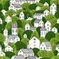 树木和房屋无缝图案，夏季绿色色彩