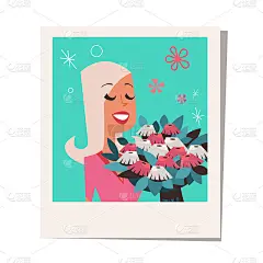 快乐女孩手捧花束合影三八妇女节庆祝活动概念