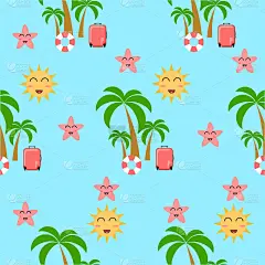水彩插图。手绘无缝旅行模式的彩色行李箱，手掌，太阳和看到星星在蓝色的背景