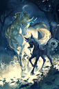 西方神话-独角兽：现行西方神话的独角兽则形如白马，额前有一个螺旋角，代表高贵、高傲和纯洁。有的故事中描述为长有一双翅膀，甚至还有独角兽是黑色的描述。