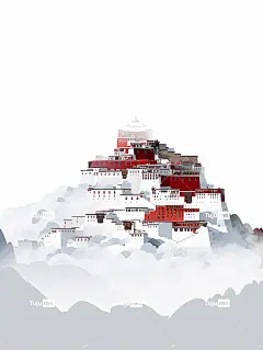 布达拉宫被白色浓雾包围，佛教禅宗平面插图海报