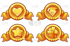 卡通黄金图标设计的游戏，用户界面矢量旗帜，星星，热量，礼物和钻石图标集